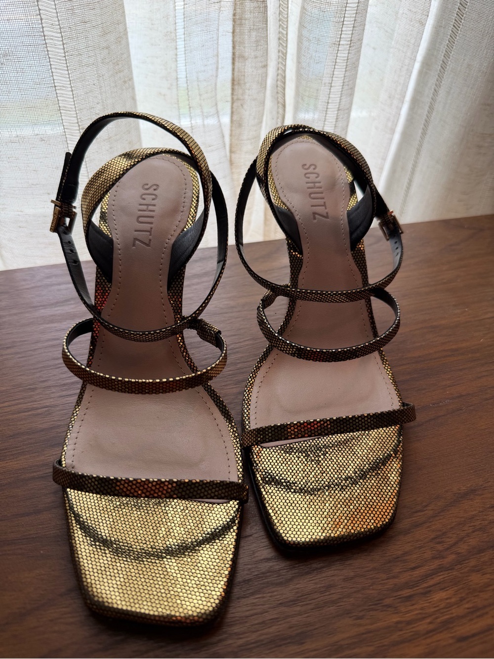 SCHUTZ Metallic Gold Multi-Strap Square-Toe Heels